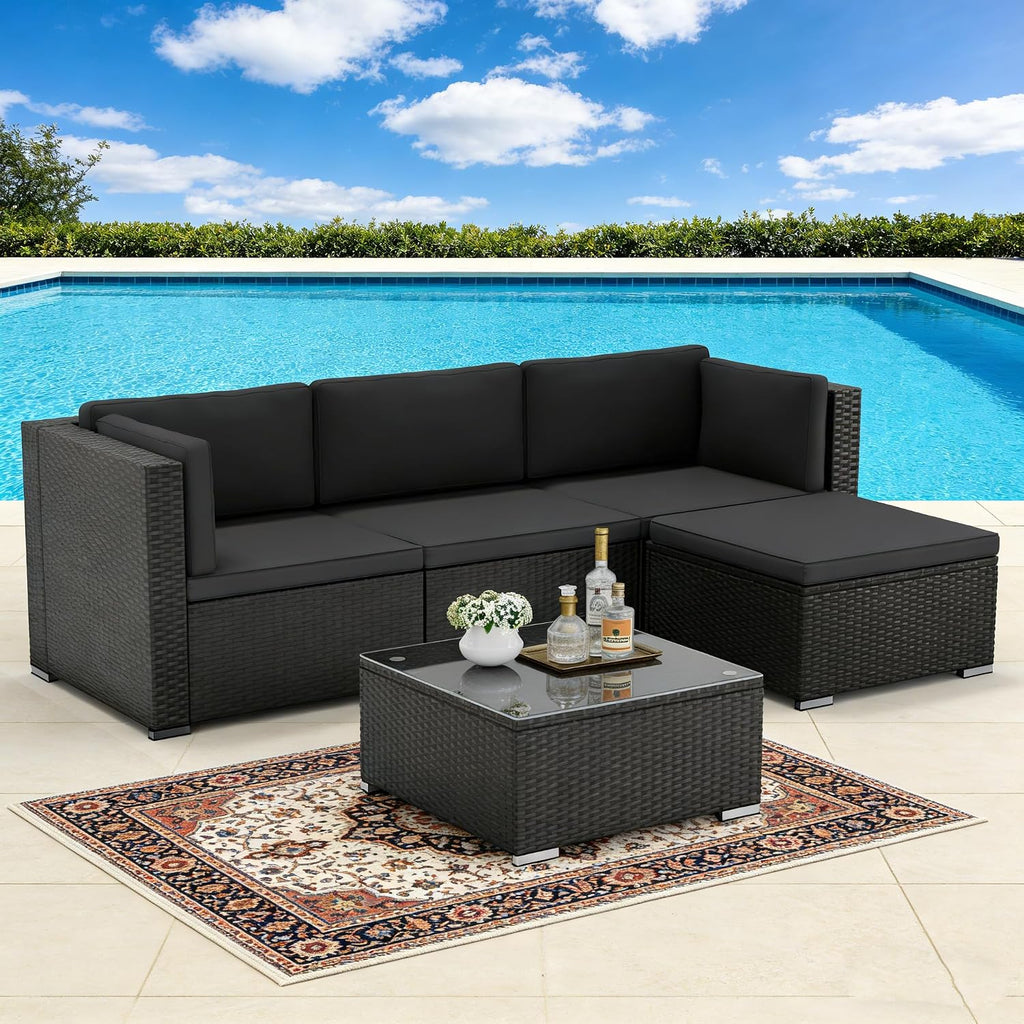 5-Piece Outdoor Patio Furniture Set, All-Weather PE Rattan Sectional Sofa with Ottoman, Glass Coffee Table &