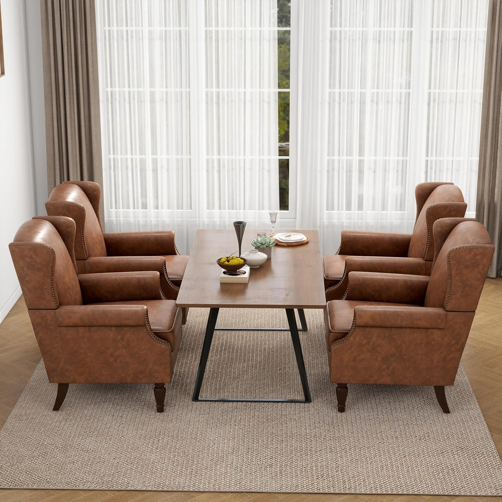 Faux Leather Wingback Accent Chairs with Wood Legs, Brown - Set of 2