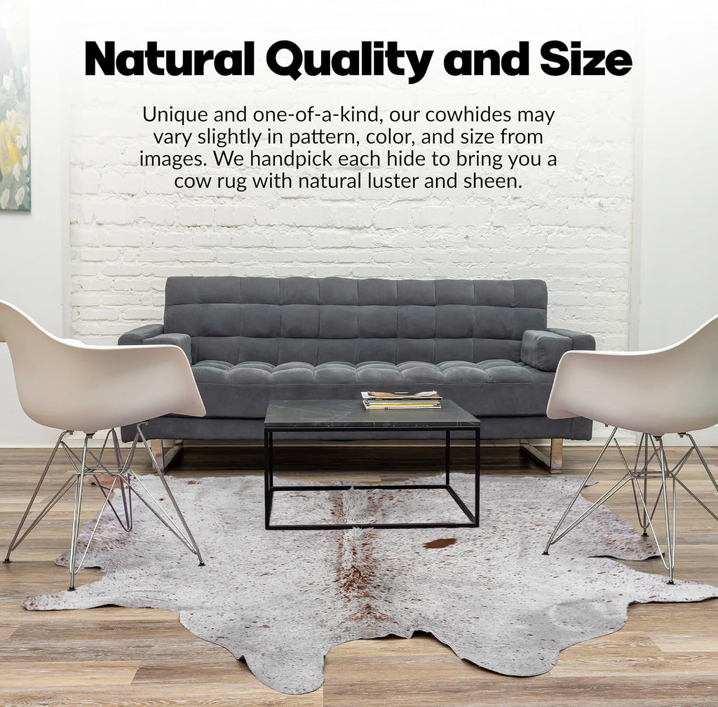 Kobe Cowhide Area Rug, Salt and Pepper White Brown, 5x7 ft | Low Pile, Shed-Resistant, Brazilian Tannery Leather