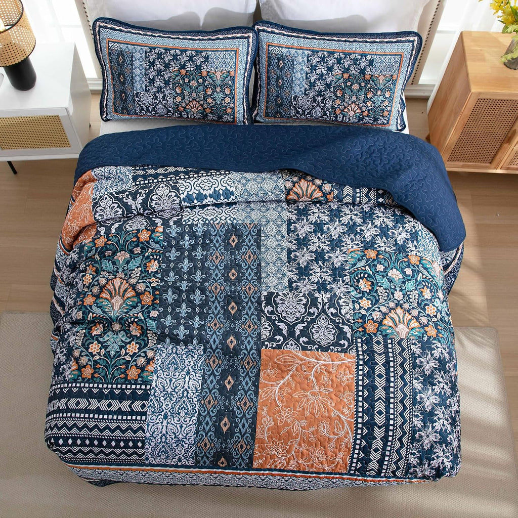 Navy Blue Quilt Set Queen,Bohemian Patchwork Bedspread Coverlet Set, Reversible Farmhouse Floral Pattern Bedspreads