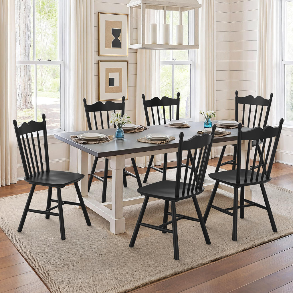 Black Dining Chairs Set of 4, Windsor Wooden Dining Chair with Thickened Backrest, Morden and Mid Century Kitchen