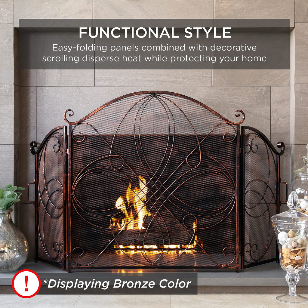 3-Panel 55x33in Solid Wrought Iron See-Through Metal Fireplace Screen, Spark Guard Safety Protector w/Decorative