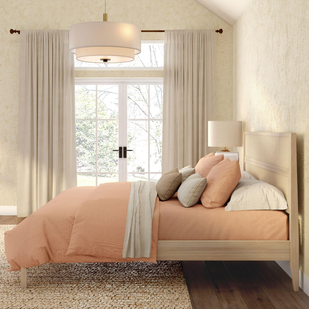 Elio Solid Pine Bed with Rattan Headboard, No Box Spring Needed, Wood Slat Roll Support, Metal Center Bar
