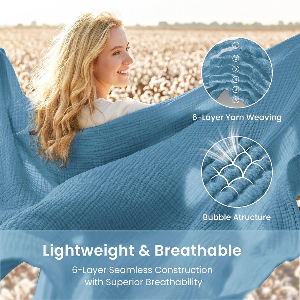 100% Cotton Muslin Blanket Large Throw for Couch, Misty Blue