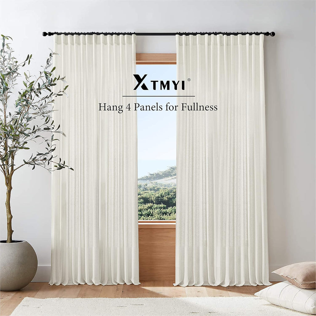 Linen Curtains 96 Inch Long 2 Panel Set, Cream Sheer Pleated Curtain, Modern Farmhouse Curtains for Dining Room
