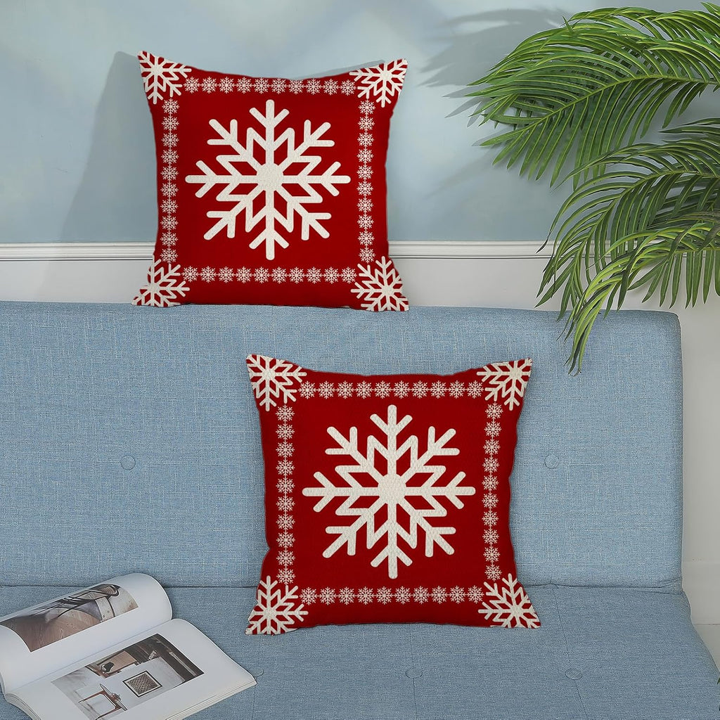 Christmas Pillow Covers - 20x20 Winter Snowflake Pillowcases - Red Throw Pillows - Farmhouse Holiday Linen - Set of 2