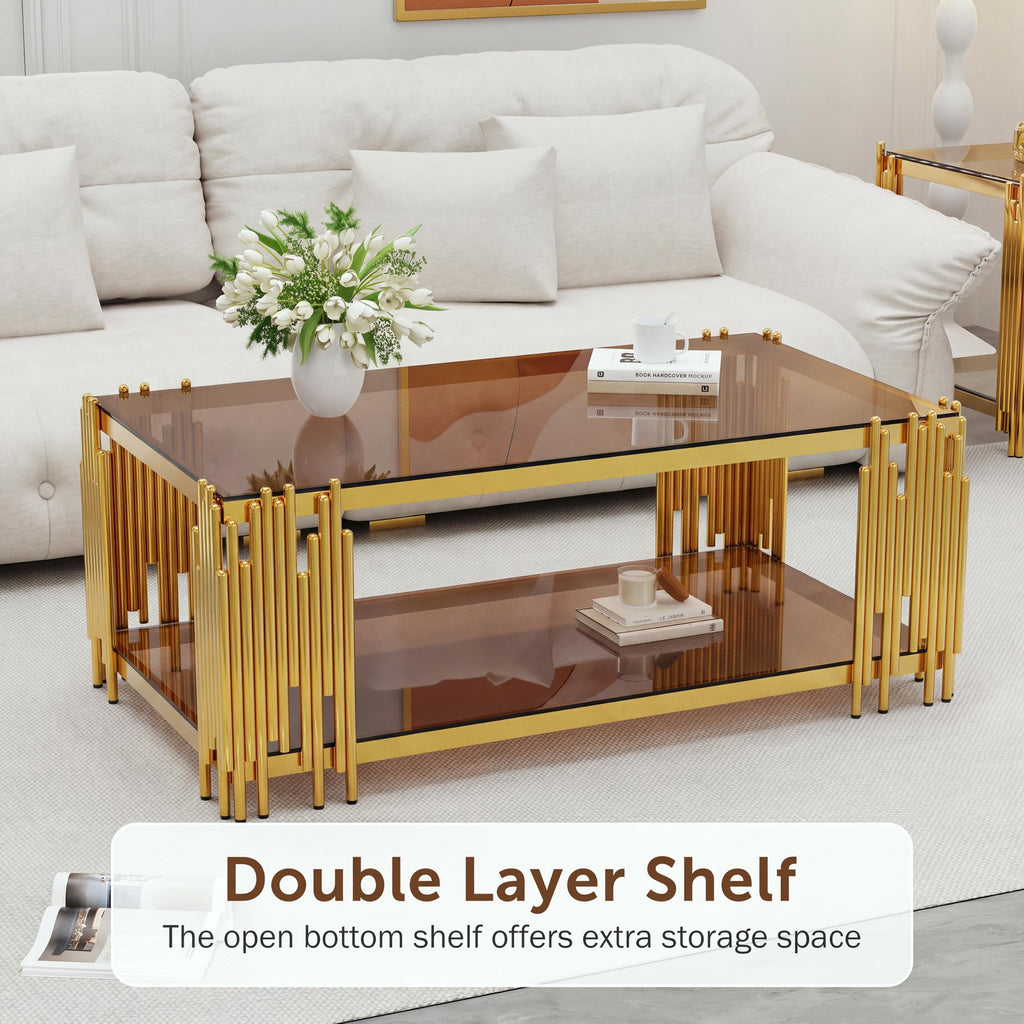 43" Luxury Gold Coffee Table with Brown Glass Tabletop & Gold Base