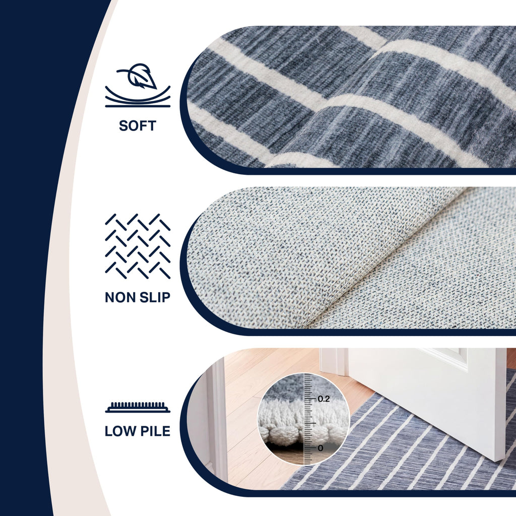 Washable Orton Distressed Ticking Stripe 2' x 8' Machine-Washable Polyester Runner Rug, Navy and Cream, Farmhouse
