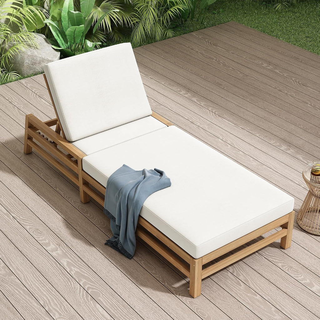 Acacia Wood Outdoor Patio Chaise Lounge Chair, All Weather Recliner Chair with Thick Cushions and 5-Position
