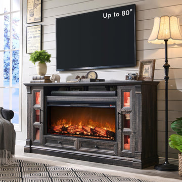70" Farmhouse TV Stand with 42" Electric Fireplace, Dark Rustic Oak