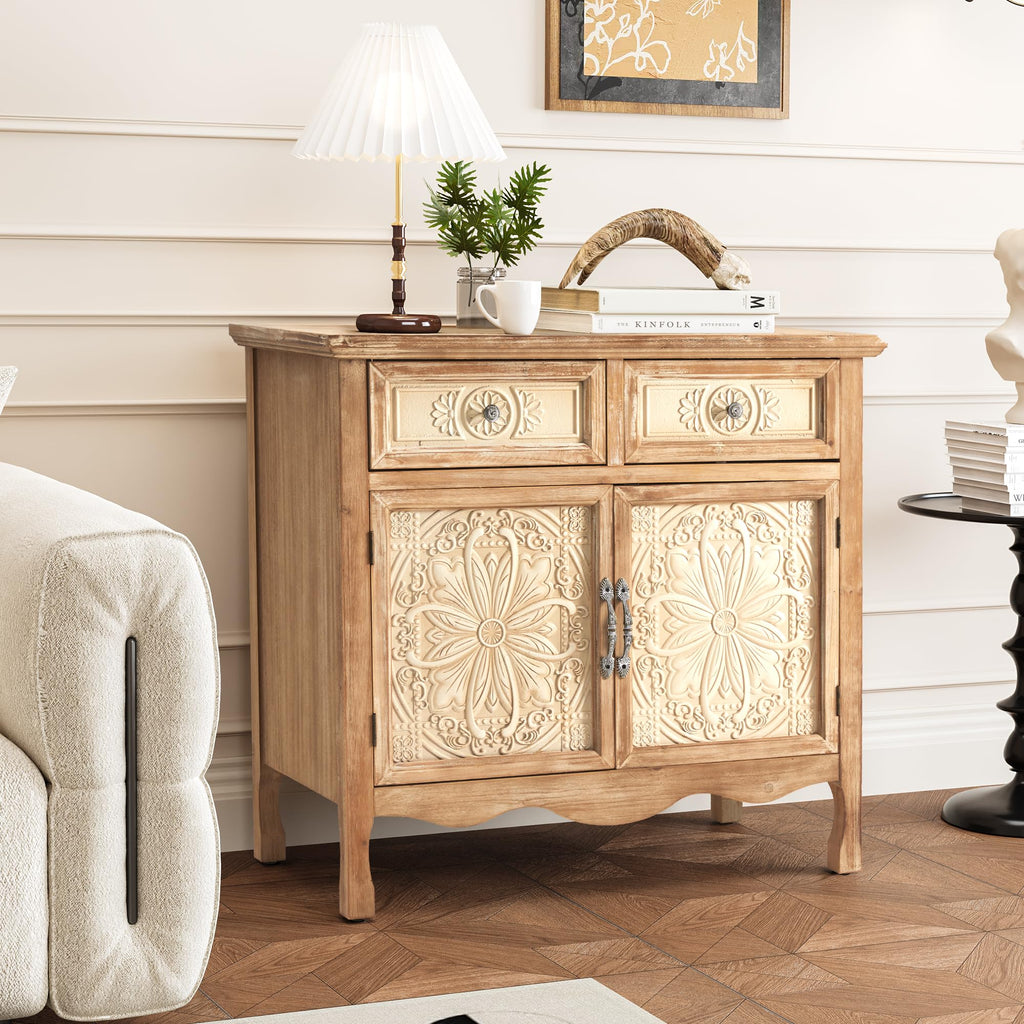 Sideboard Buffet Cabinet, Solid Wood Accent Cabinet with 2 Carved Doors and 2 Drawers, Vintage Credenza, Natural Oak