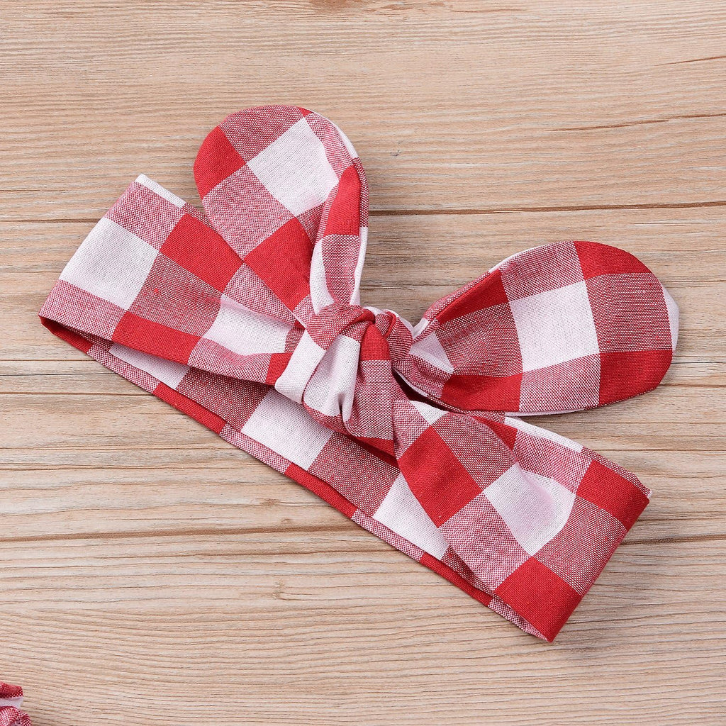 Baby Girls Plaid Ruffle Bowknot Tank Top+Denim Shorts Outfit with Headband