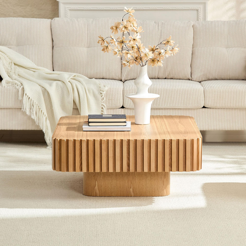 31.5" Square with Sturdy Base, Modern Luxury Wood Drum Center Table Accent End Side Table, Minimalist Fluted Design