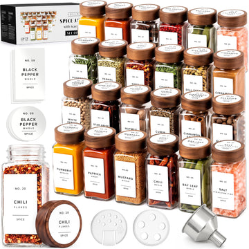 Glass Spice Jars with Label, 24x Acacia Wooden Lids - White Labels