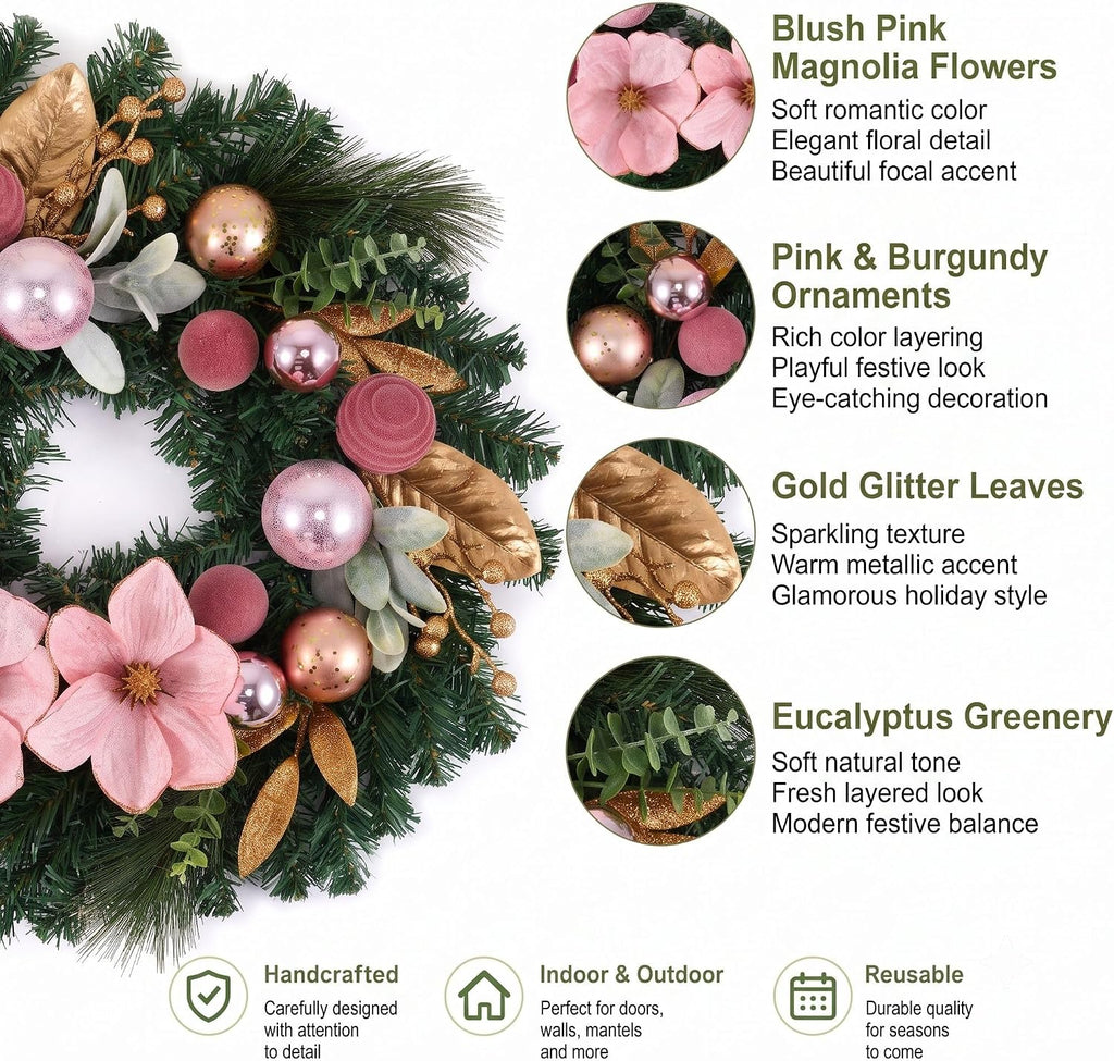 24" Magnolia Christmas Wreath for Front Door with Lights