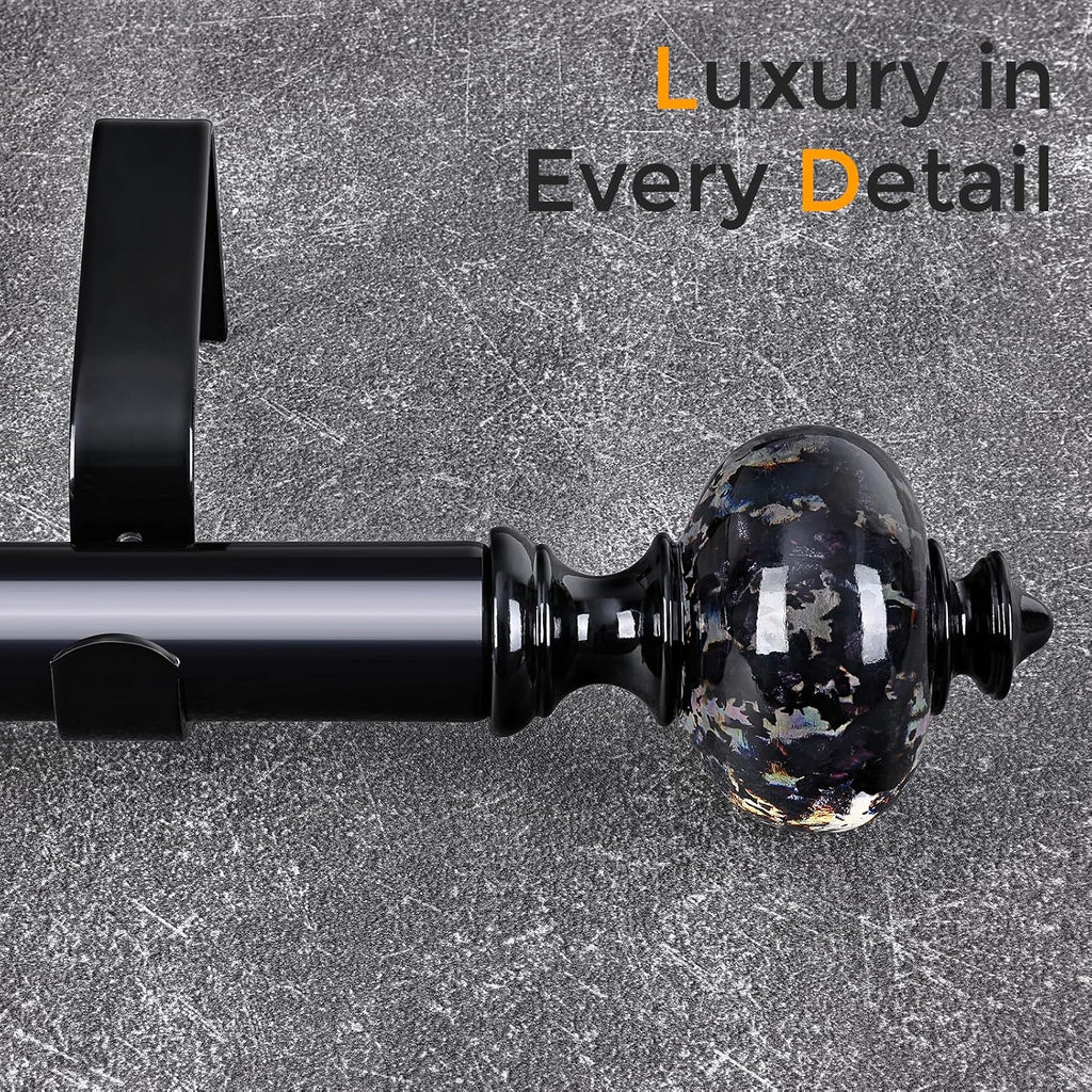Black Curtain Rod for Windows 48 to 84 Inches, 1'' Heavy Duty Adjustable Modern Drapery Rods with Unique Crystal