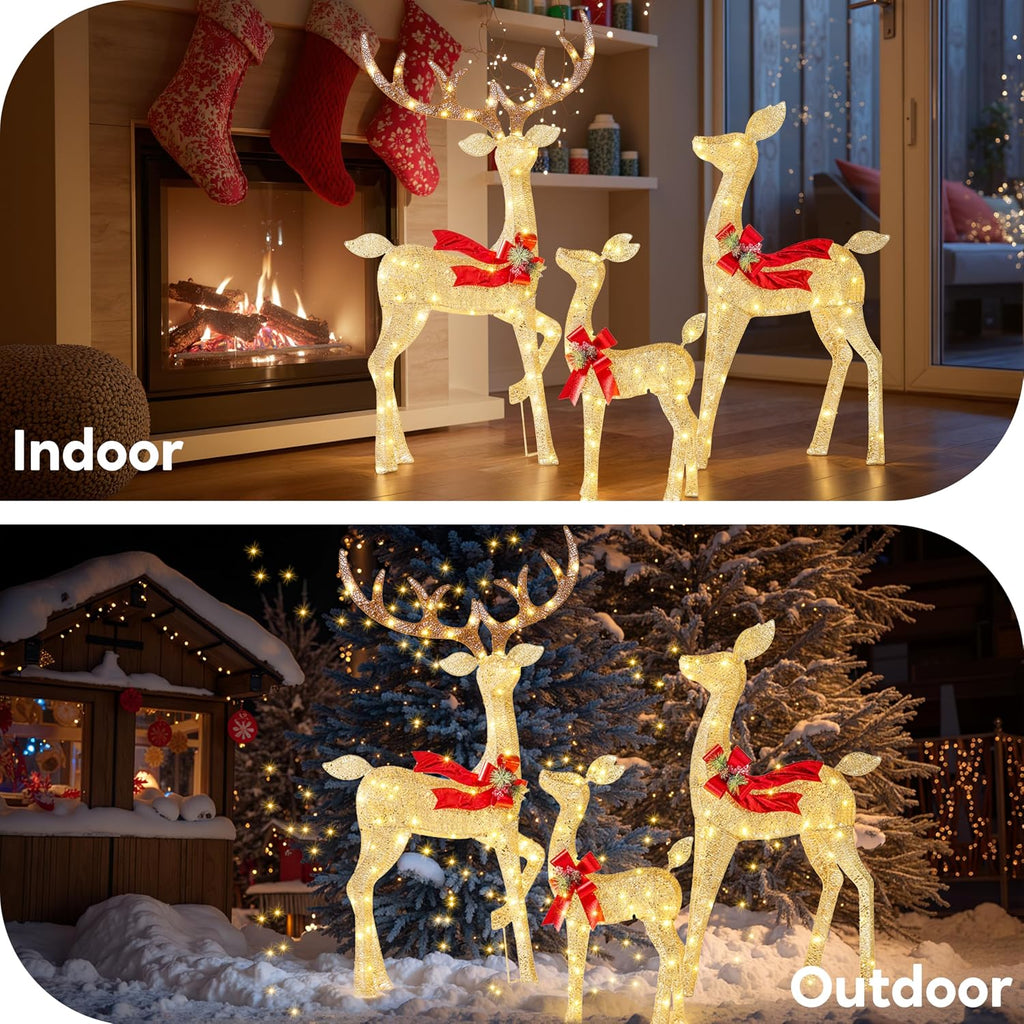 Outdoor Christmas Decorations for Yard, 3 Pcs Lighted Christmas Deer Family Set, 3 4 5FT Warm White LED Lights