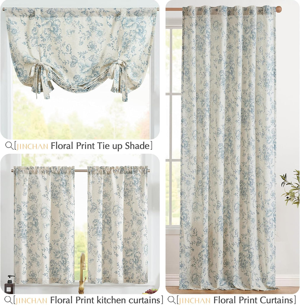 Floral Kitchen Curtains Set Linen Tier Curtains and Valance Farmhouse Drapes for Small Windows 36 Inch Length for