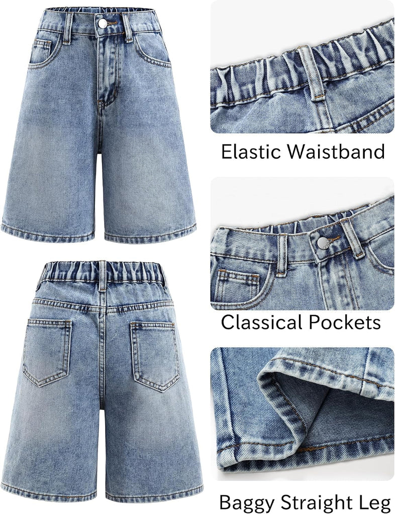 Girls Jean Shorts Baggy Wide Leg Jorts Cute Wash Bermuda Denim Shorts