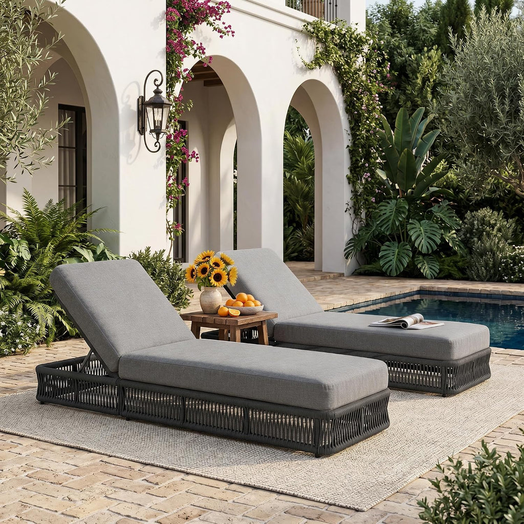 Outdoor Chaise Lounge Chairs Set of 2, 6 Adjustable Backrest Patio Lounge Chair, Woven Wicker Rope Patio Recliner