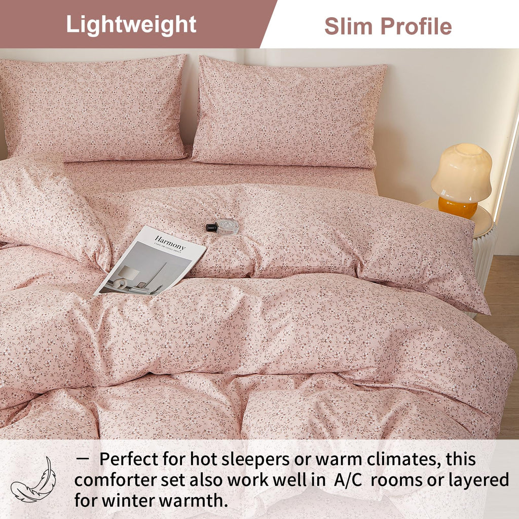 Vintage Garden Pink Ditsy Floral Comforter Set Pink Soft 100% Cotton 3-Piece Chic Feminine Floral Bedding Set