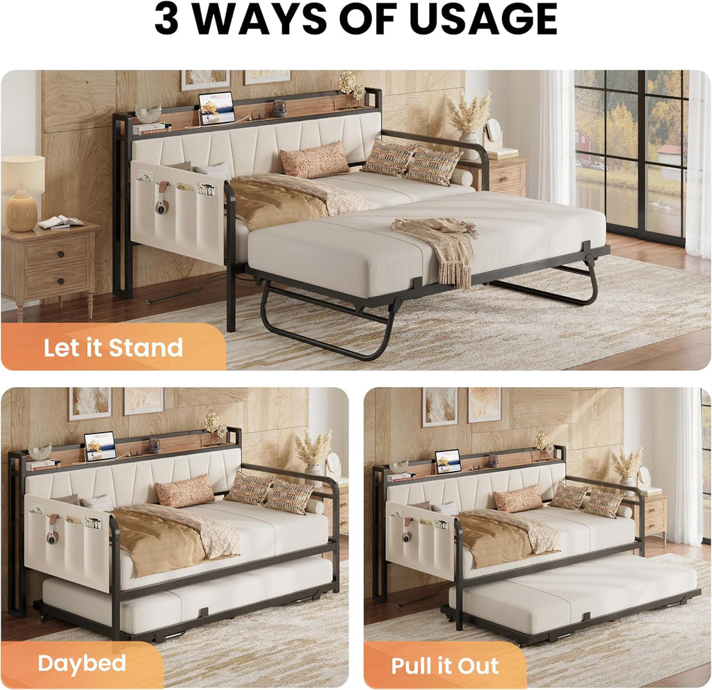 Twin Daybed, Day Bed Frame with Pop Up Trundle, Wood/Beige | Pop Up Trundle Bed with Smooth Wheels, Charging Station