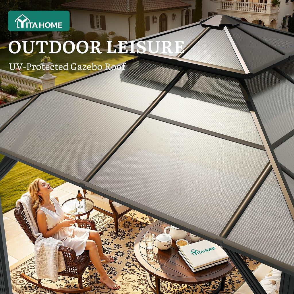 10x10FT Gazebo Polycarbonate Hardtop Double Roof Canopy Outdoor with Netting and Shaded Curtains