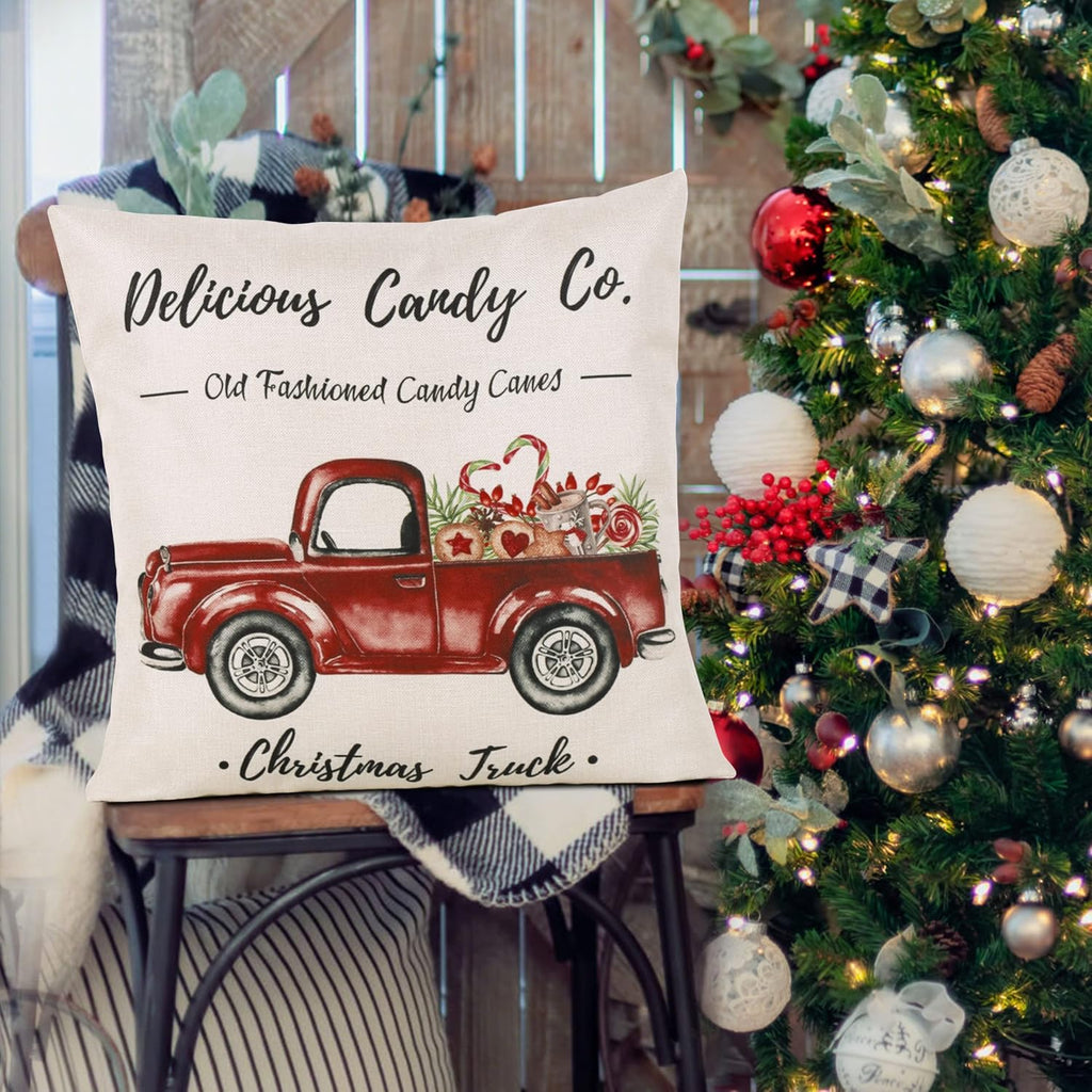 Christmas Throw Pillow Covers 18x18, Merry Christmas Tree Gnome Red Truck Candy Cane Xmas Farmhouse - Set of 4