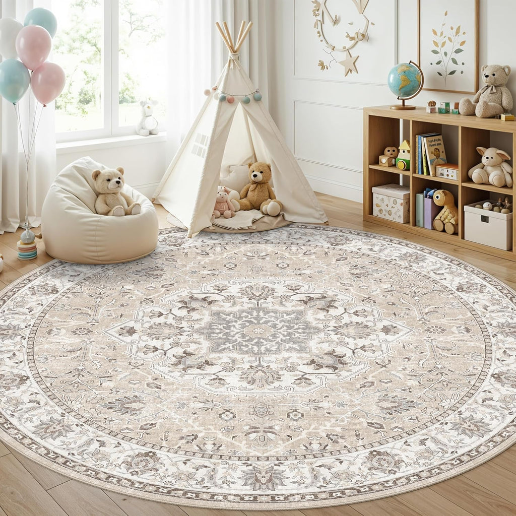 Washable 8ft Round Area Rug - Living Room Oriental Non Slip Soft Rugs Indoor Low Pile Stain Resistan