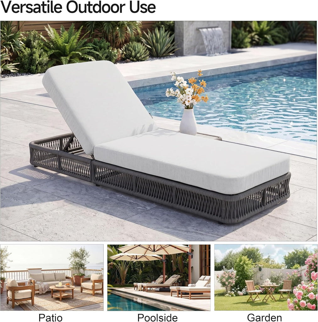 Outdoor Chaise Lounge Chair, 5-Position Adjustable Backrest, All-Weather Grey Woven Rope Recliner with 5 Inch Beige