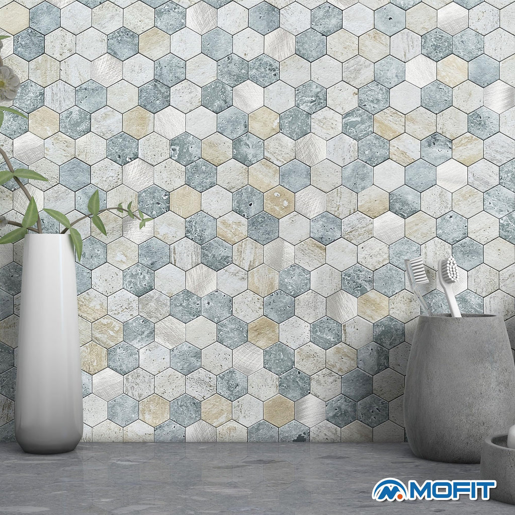 Peel and Stick Backsplash Hexagon Marble Tiles Blue Green 10pcs