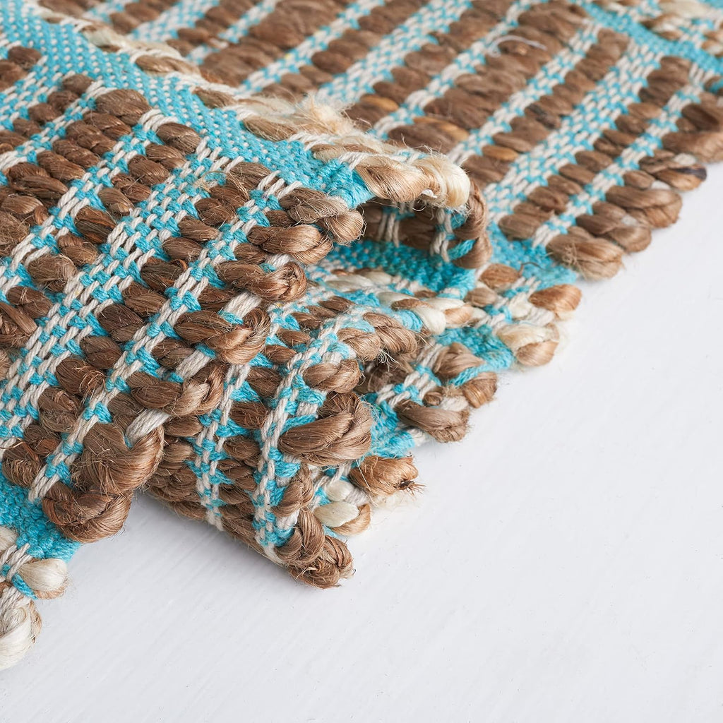 Area Rug 8x10 - Natural Fiber Collection - Large - Teal & Natural, Handmade Jute & Cotton Flat Weave, Stripe Pattern