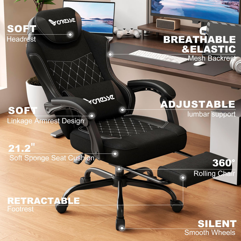 Gaming Chair, Desk Chair with Linen Breathable Mesh Fabric, Office Chair with Adjustable Lumbar Support, Computer
