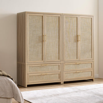 71 inch Rattan Wardrobe Closet, Boho Armoire Wardrobe with Drawers