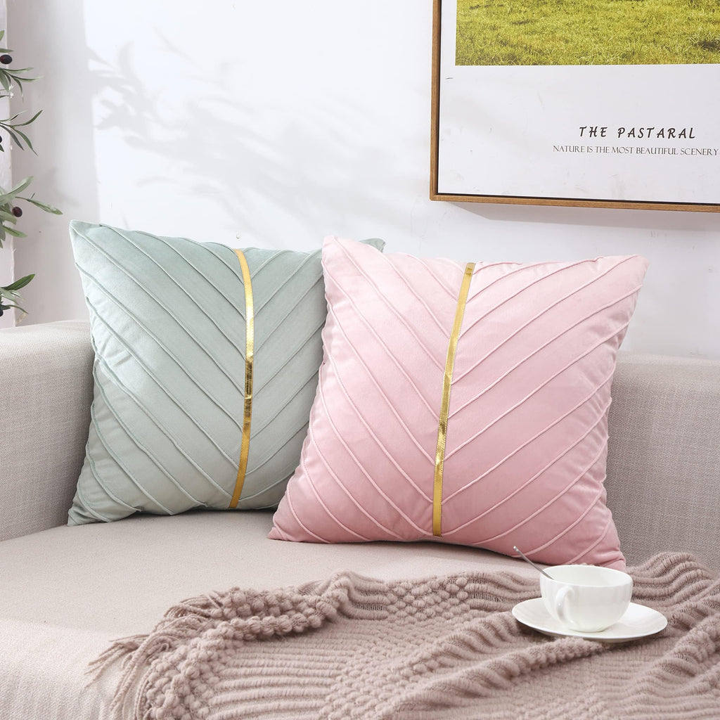Velvet Throw Pillow Covers 22x22 Pack of 2 Gold Decor Mint Green
