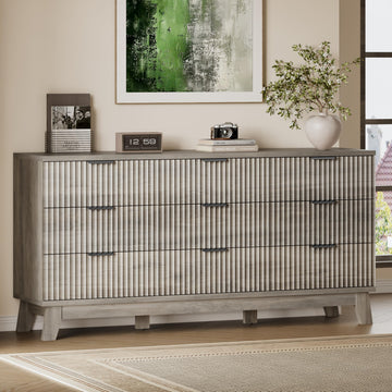 63" Long Dresser, 9-Drawer Fluted Dresser, Extra-Wide Wood Chest of Drawers with Smooth Metal Slides, Stable Base