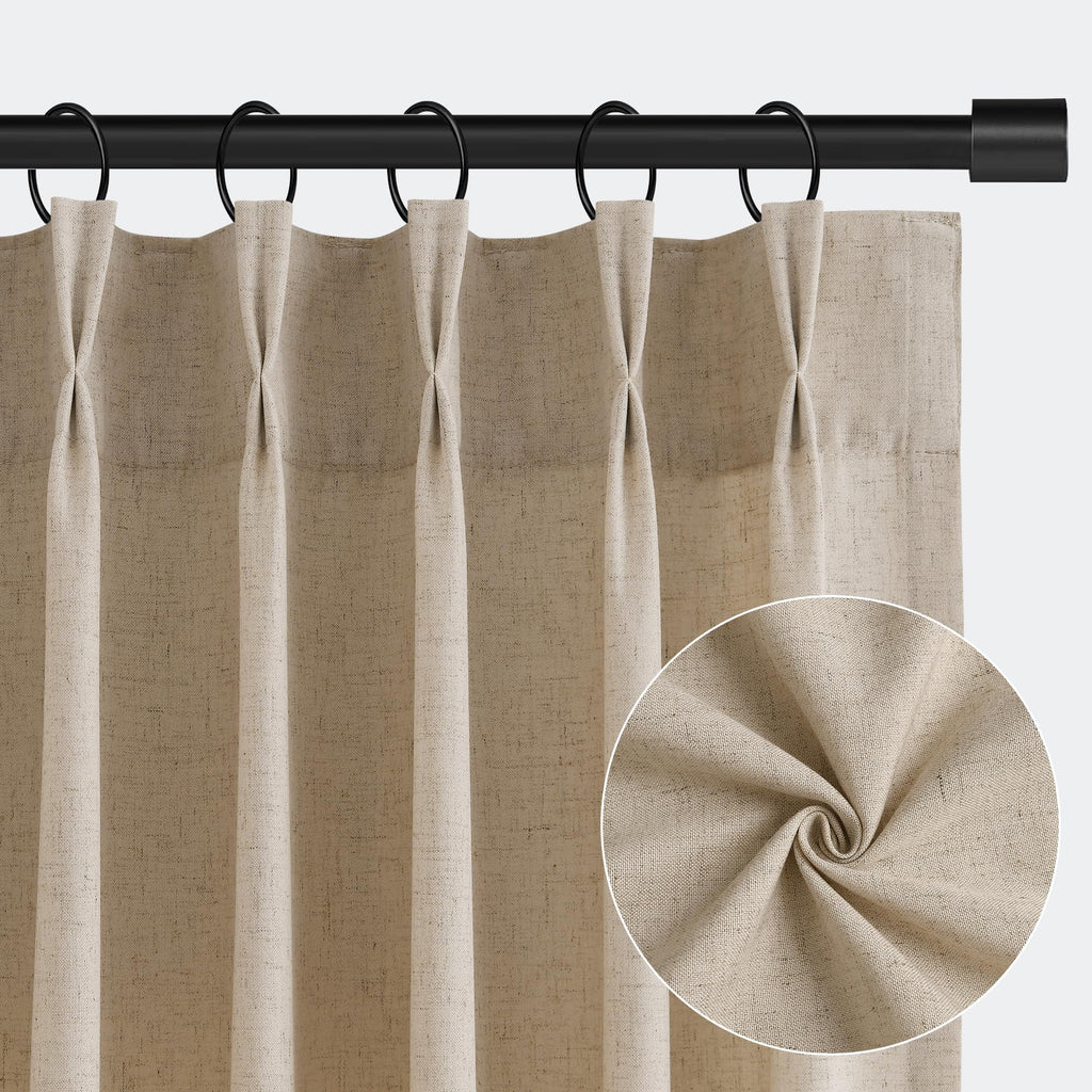 Eggshell Beige Extra Long Linen Pinch Pleated Curtains 108 Inches Long Pinch Pleat Drape Hooks Rings Back Tab Semi