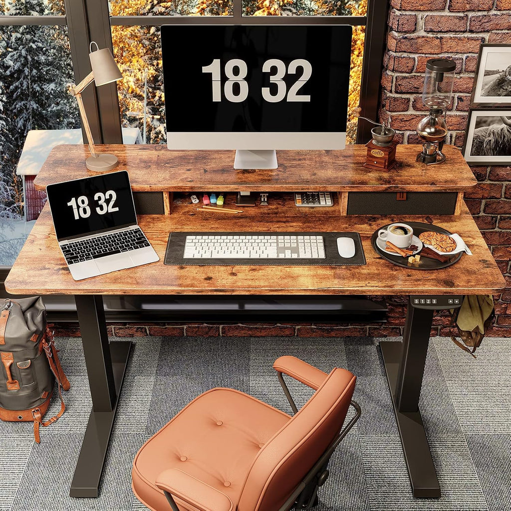 48 x 24 Inch Height Adjustable Electric Standing Desk with Double Drawer, Stand Up Table with Storage Shelf, Sit