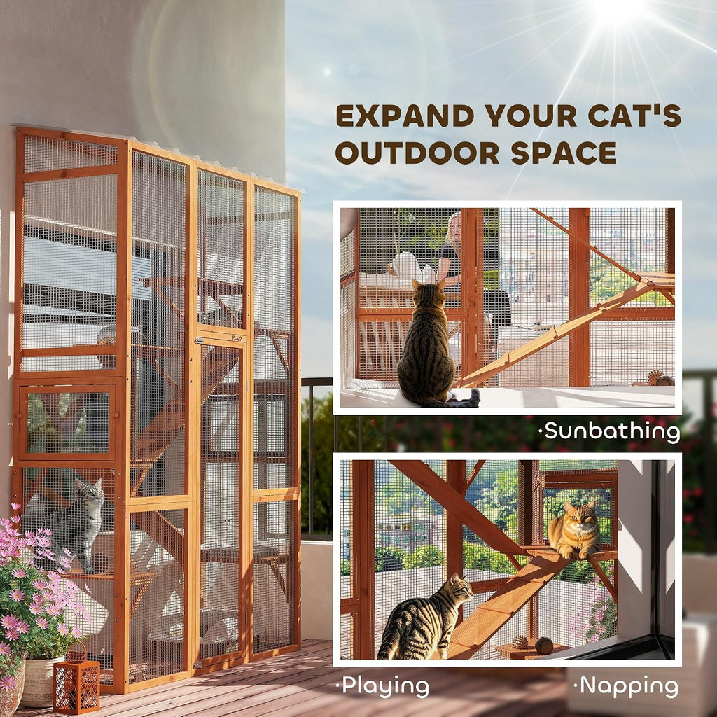 Outdoor Catio Cat Enclosure Large Wooden Cat House, 99" H Orange