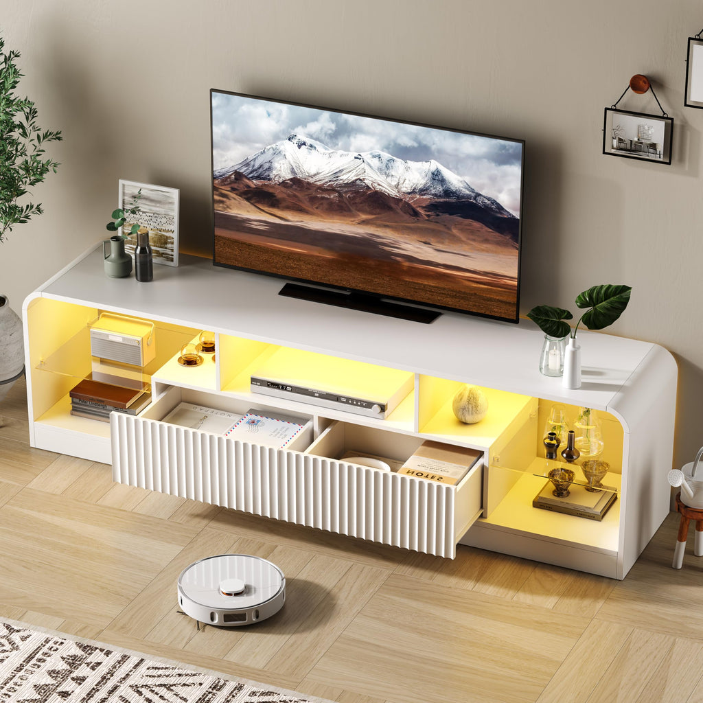 For 60/65/70 Inch TVs, Modern Curved TV Console with LED Lights, 2 Drawers & Glass Shelves, Living Room Entertainment