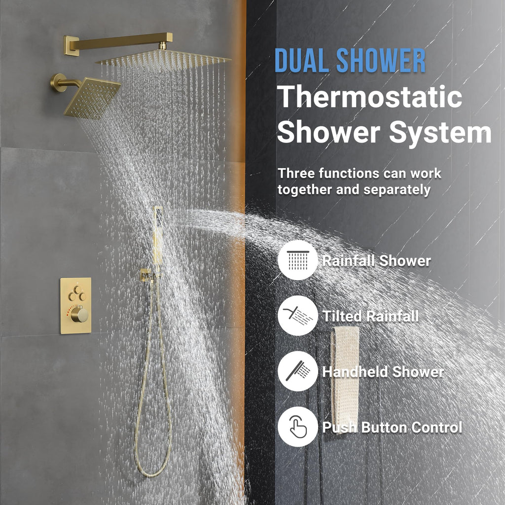 Thermostatic Dual Rainfall Shower System Brushed Gold Shower Fixtures