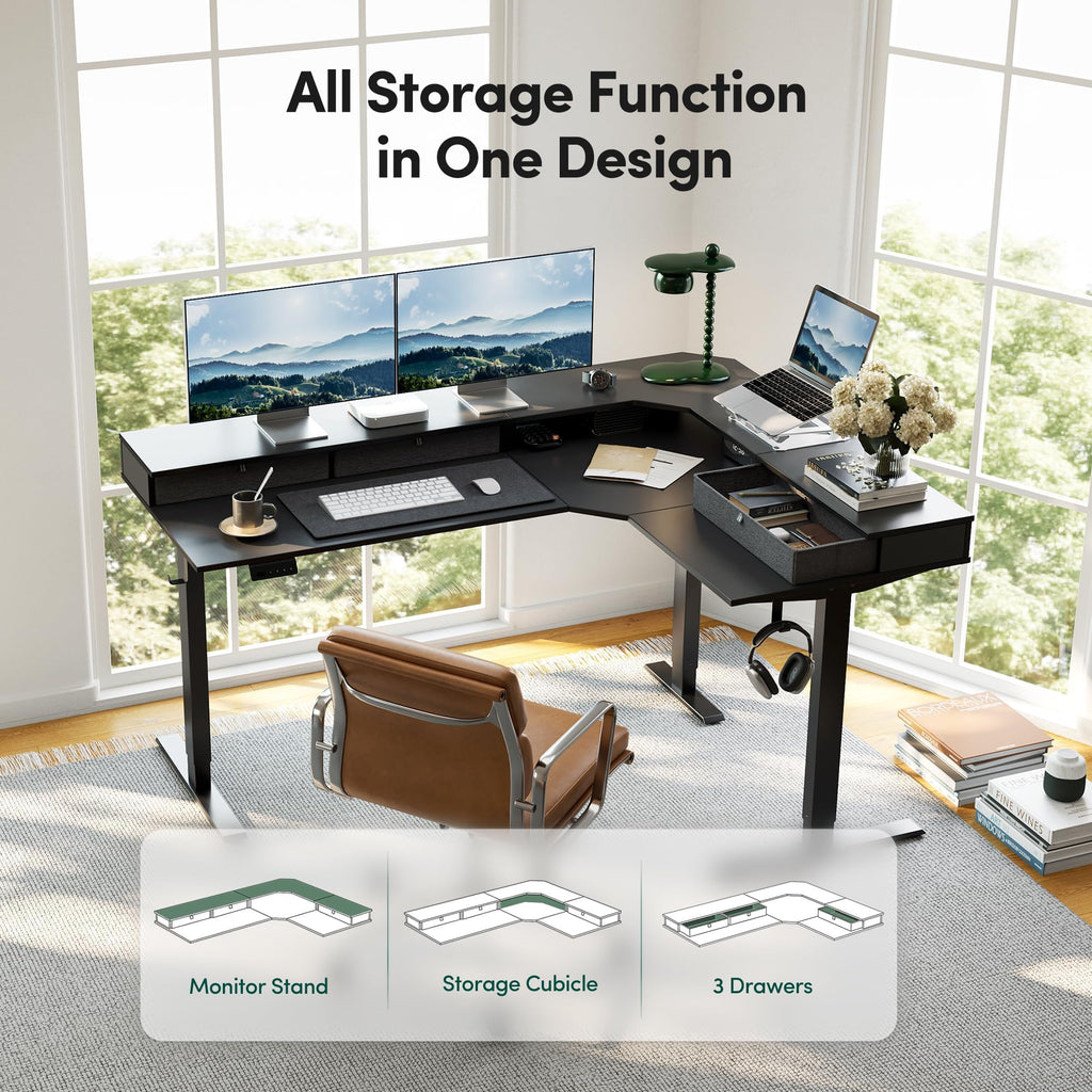 63"x48" L Shaped Standing Desk with Drawers & Shelf, Modern Black