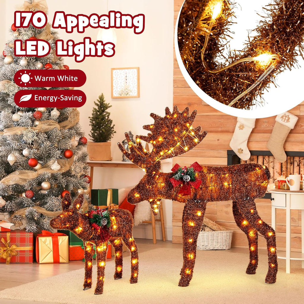 2-Piece 3D Lighted Christmas Moose Family Set, Pre-Lit Deer Xmas Decoration with LED Lights, Ground Stakes and Zip
