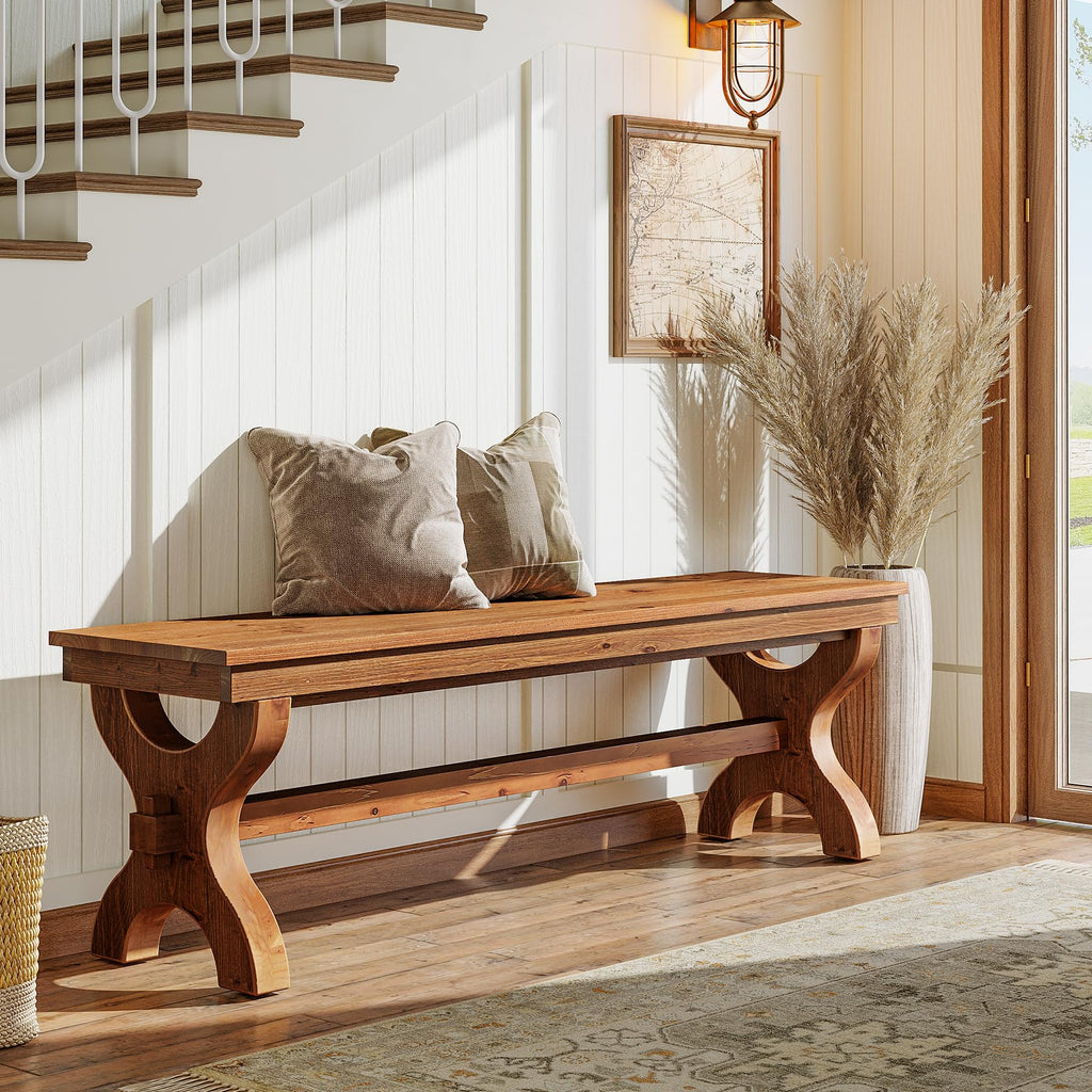 Solid Wood Entryway Bench, 55-Inch Farmhouse Indoor Bench, Narrow Hallway Seat (2, Brown)