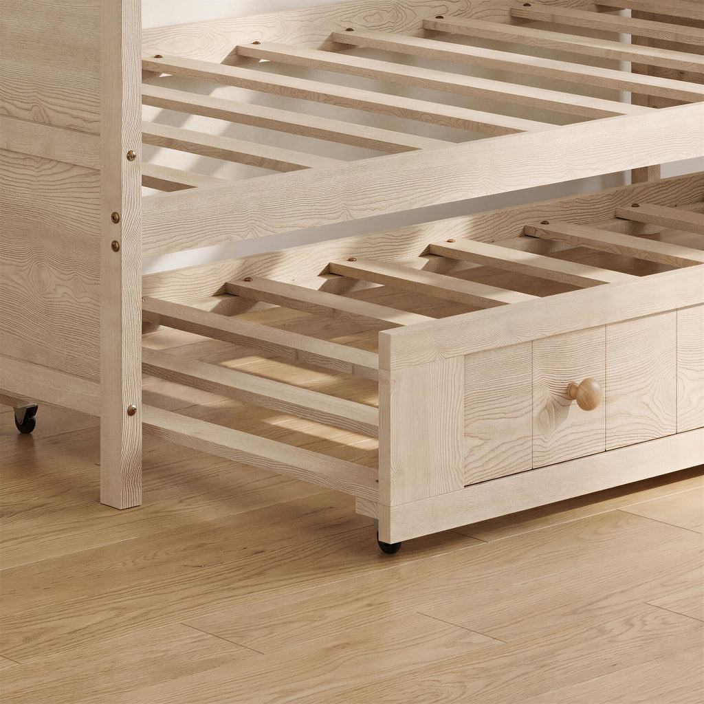 Twin Size Wooden Daybed with Trundle, Natural Wood