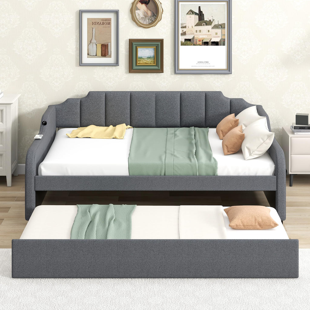 Full Upholstered Daybed with Pop up Trundle, Extendable Sofa Bed Full Daybed with USB Charging and Adjustable Trundle