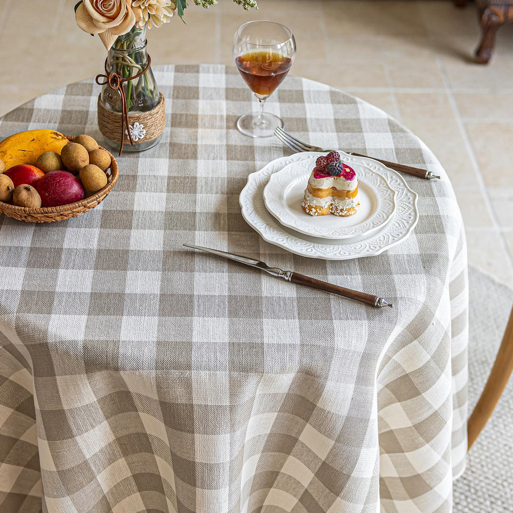 Beige Gingham Round Tablecloth 60 Inch, Checkered Circle Table Cloth Washable Wrinkle Free, Cotton Linen Buffalo