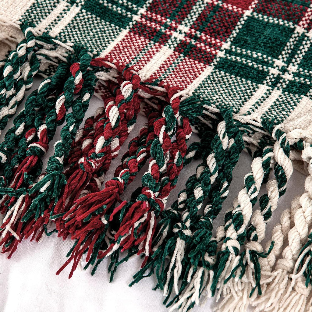 Christmas Throw Blanket with Tassels, Chenille Plaid Checkered Blanket for Couch Bed Sofa, Super Soft Cozy