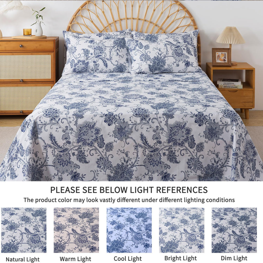 Cal King Sheets Set Percale Cotton Floral Bed Sheets Deep Pocket Fitted Sheet, Luxury Blue Floral Pattern Classic