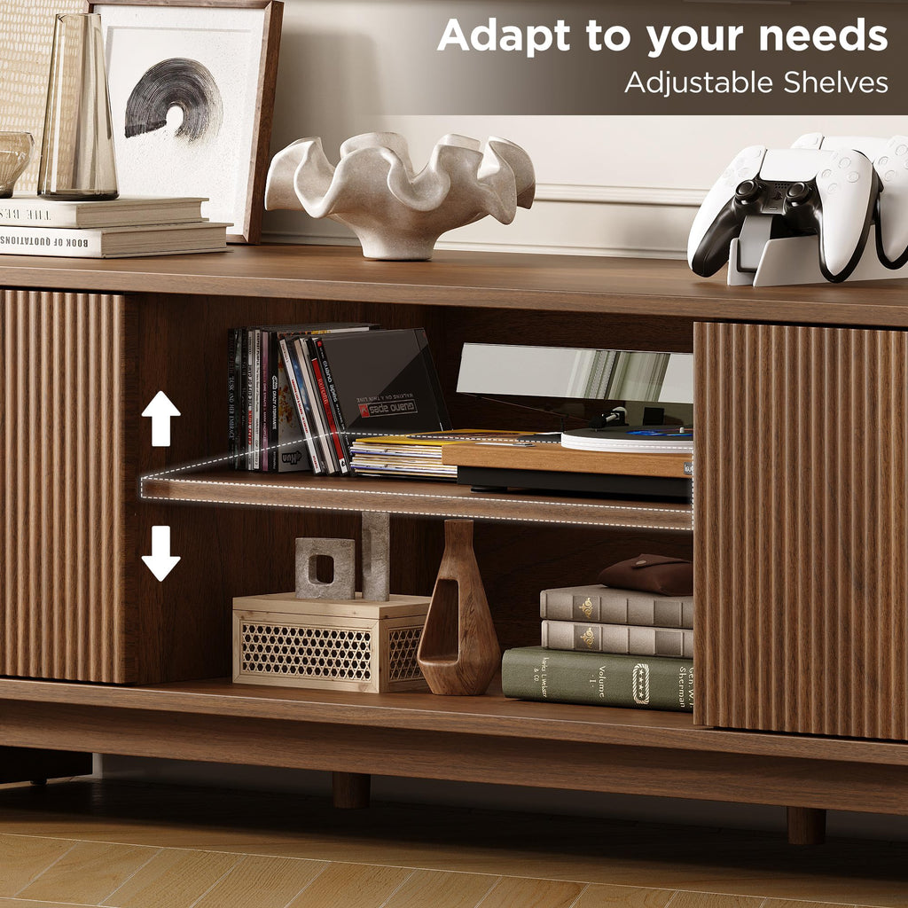 70" Mid Century TV Stand for TVs up to 80 Inch, Fluted Entertainment Center with Storage and Adjustable Shelves, Modern